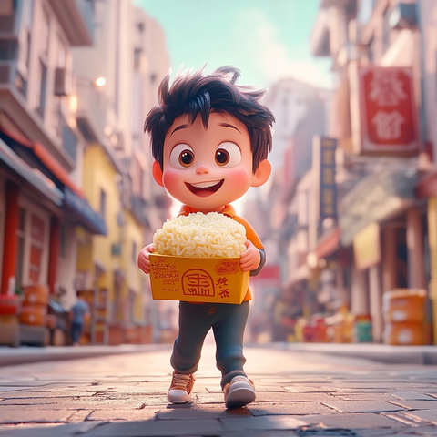 男孩手拿米糕街头行走