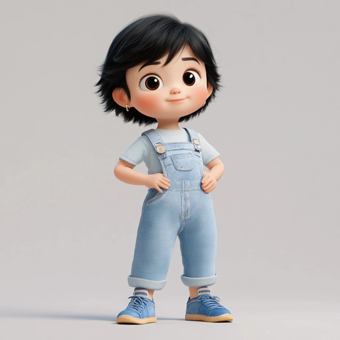 小女孩蓝色背带裤全身像