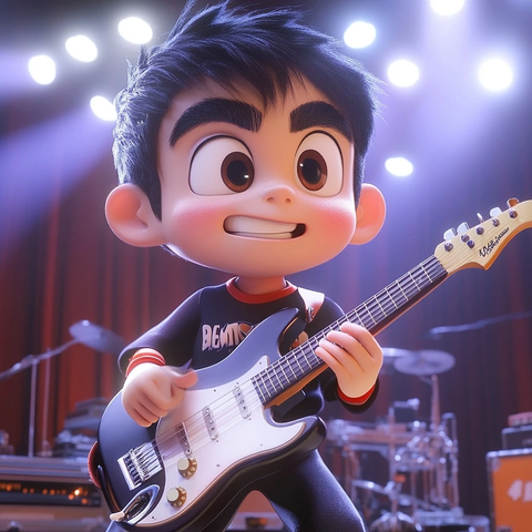 亚洲男孩棒球服弹吉他