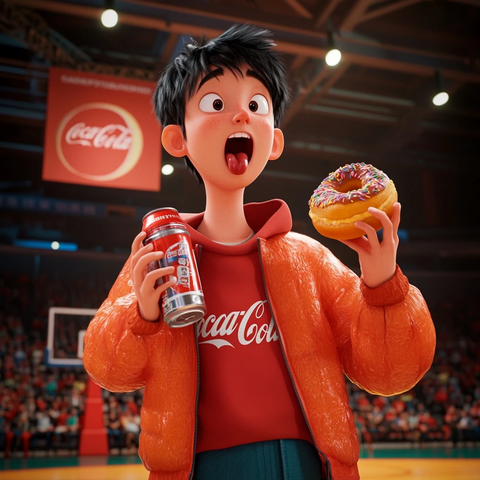 篮球场小胖左手可乐右手甜甜圈