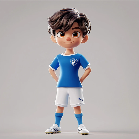 男孩足球运动员蓝色上衣白色短裤