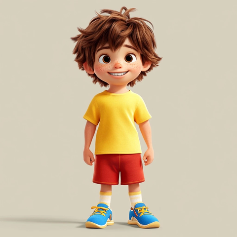 男孩短发红短裤蓝运动鞋