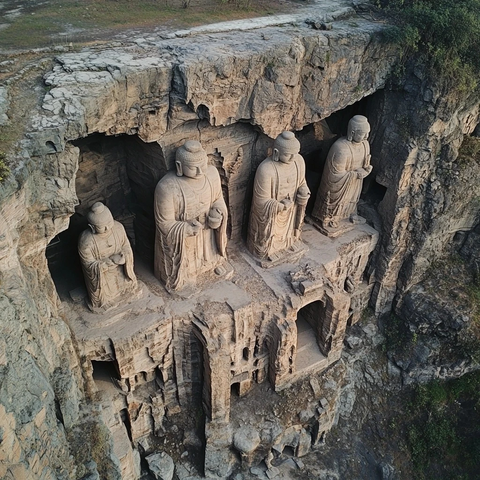悬崖上的大型佛像群雕刻