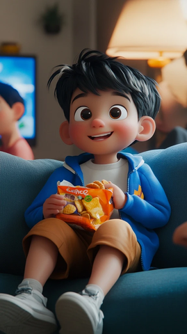 男孩吃零食看电视放松