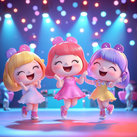 卡通角色舞台唱歌跳舞