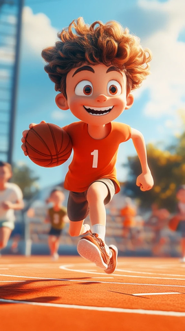 卡通角色运动场跑步投篮
