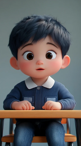 男孩坐椅手放桌上专注表情