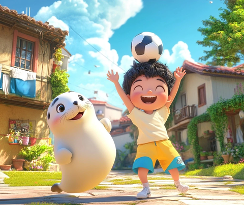 男孩与海豹玩足球