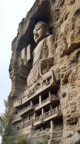 悬崖上的大佛雕像及多层佛龛