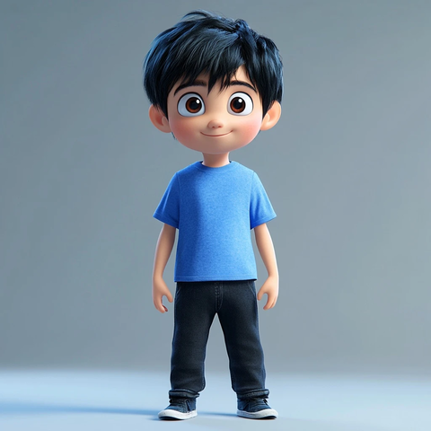 男孩黑发蓝衣牛仔裤