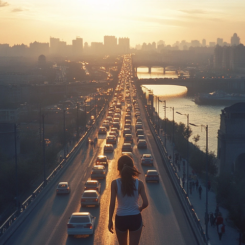 女子背影视角下的城市道路车流高峰景象