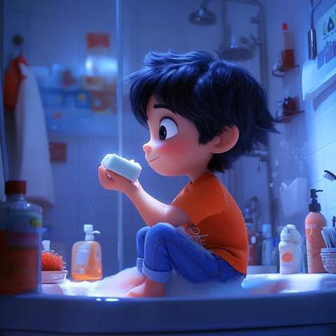 男孩坐浴缸边洗发皂洗手