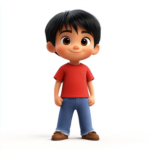 男孩穿红衣蓝裤站立