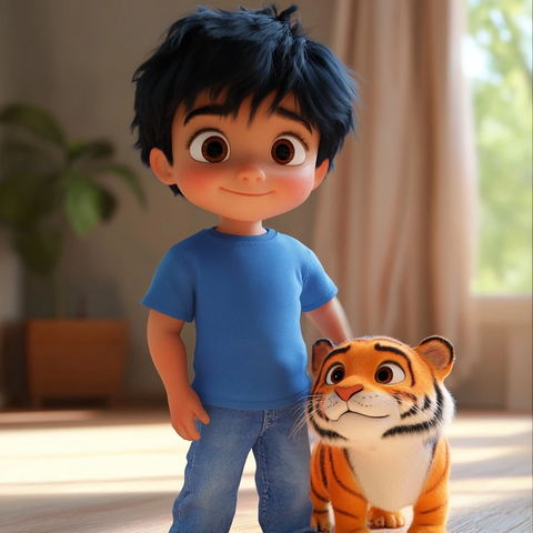 男孩蓝色衣服与老虎