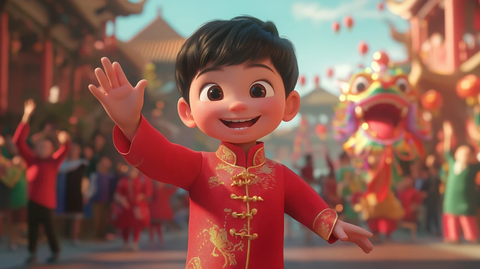 男孩穿红衣欢迎龙舞人群