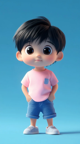 婴儿黑色短发粉色恤牛仔裤