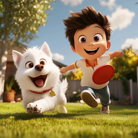 男孩与白狗玩飞盘