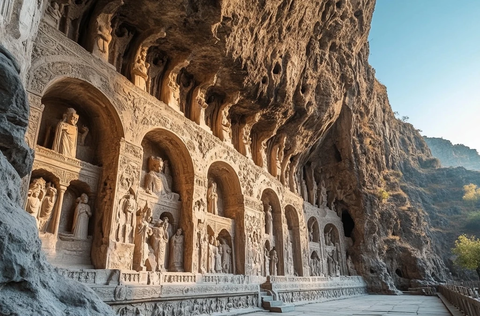 依山而建的石窟雕像群全景