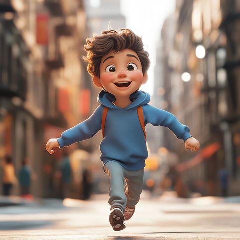 男孩穿天蓝运动衣跑动探索