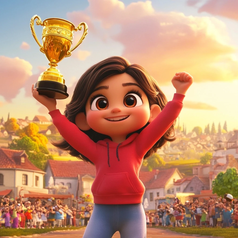 小女孩举起金色奖杯