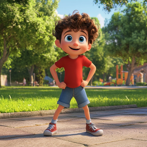 男孩红衣草地冒险准备