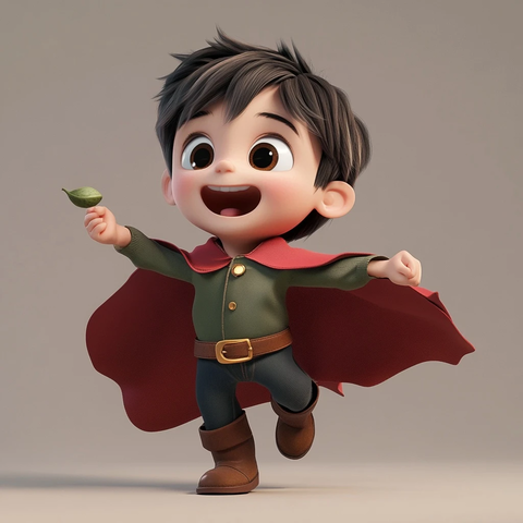 小男孩穿斗篷握种子