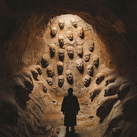 一人站在满是雕刻头像的神秘洞穴中