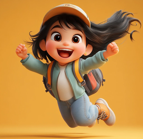 小女孩跳跃背书包戴棒球帽