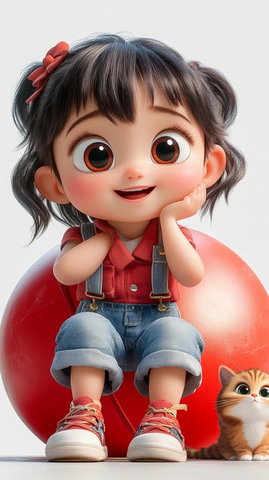 小女孩坐地玩猫红球背景