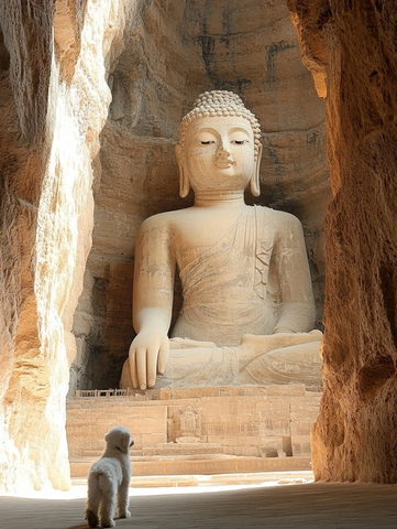 洞窟内大佛坐像前有小狗的景象