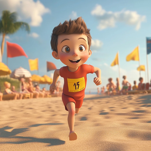 小男孩海滩赢得赛跑