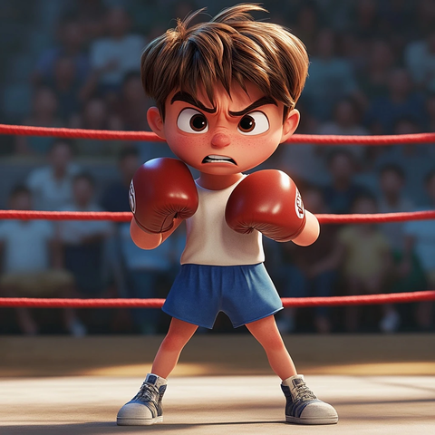 岁男孩擂台戴拳击手套颤抖