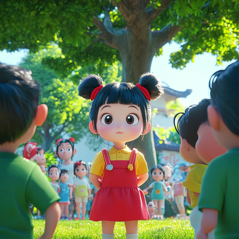 红裙双马尾娃娃树下场景