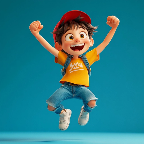 男孩跳跃挥拳红色帽子黄色恤