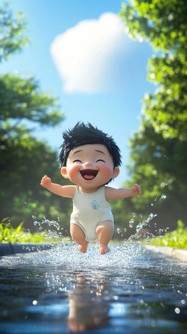 宝宝水坑玩耍笑脸阳光