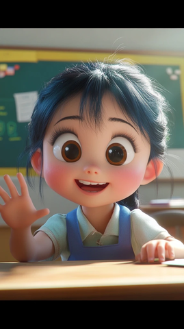 小女孩教室坐桌伸手掌