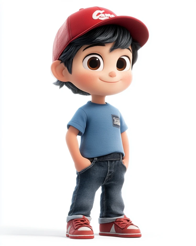 黑发男孩穿红鞋戴红帽