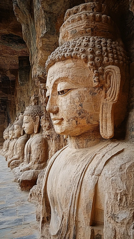 石窟佛像雕刻群像近景展示