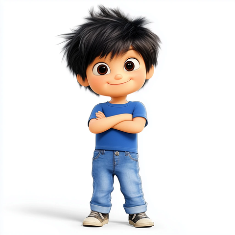 黑发男孩蓝色恤牛仔裤