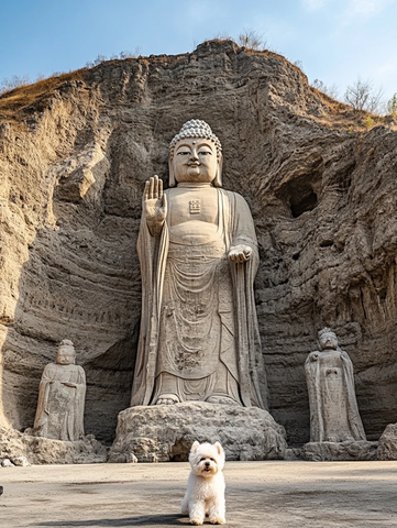 石佛雕像前的小狗