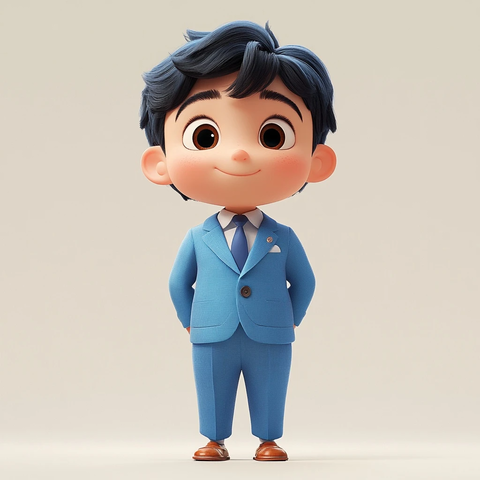 亚洲男孩蓝色西装全身像