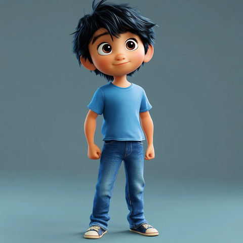 男孩黑发蓝衣牛仔裤