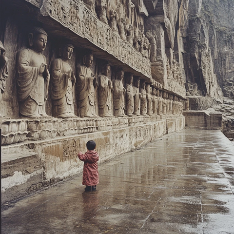 小孩在石窟佛像前驻足观赏的场景