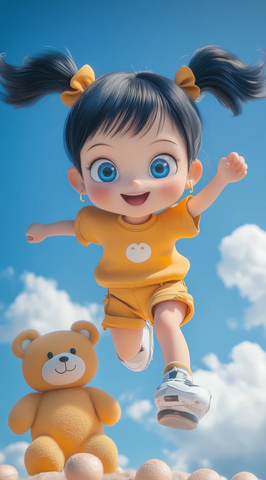 亚洲女孩玩偶蓝天背景