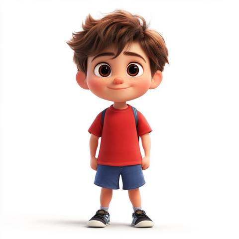 男孩红衣蓝裤黑鞋