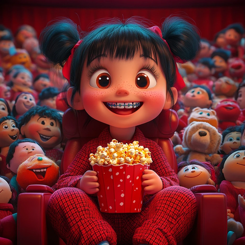 女孩影院玩具陪伴看电影