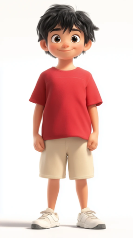 男孩穿着红色恤与白色鞋子