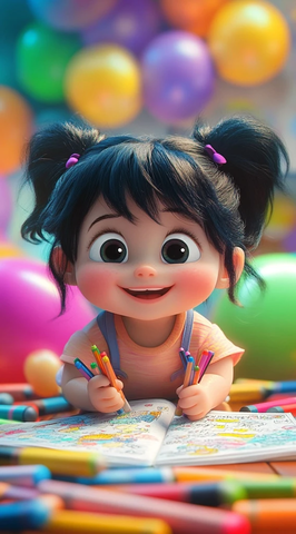 宝宝坐在彩色蜡笔和画册中