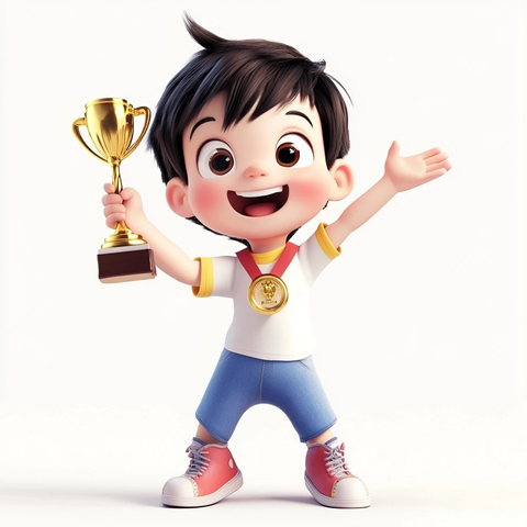 小男孩跳跃举奖杯