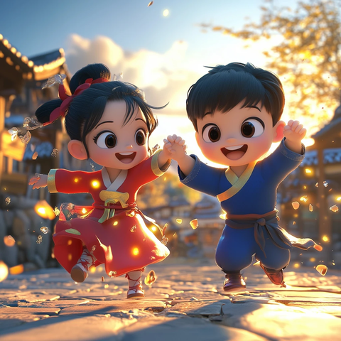 红衣女孩与蓝衣男孩胜利击掌